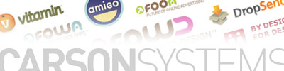 Article illustration for Some Pretty Big News, featuring the Carson Systems logo, the Dropsend logo, the Vitamin logo, the Amigo logo, and the FOWD logo
